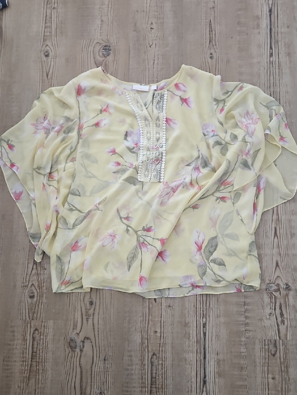 Belle by Kim Gravel Magnolia Print Kimono Sleeve Chiffon Blouse